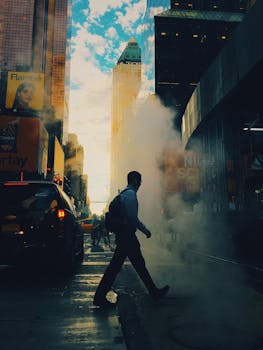 黄昏时分，一名男子走过被蒸汽笼罩的城市街道