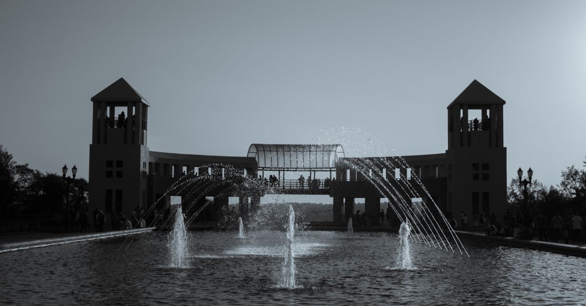 Artistic monochrome capture of fountains at Parque Tanguá in Curitiba, Brazil.