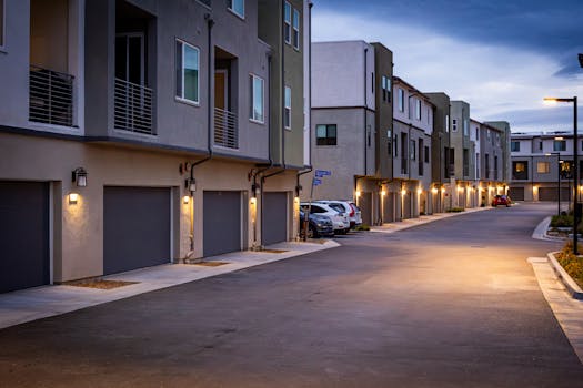 Quiet suburban street with illuminated townhouses at dusk, showcasing modern architectural style.