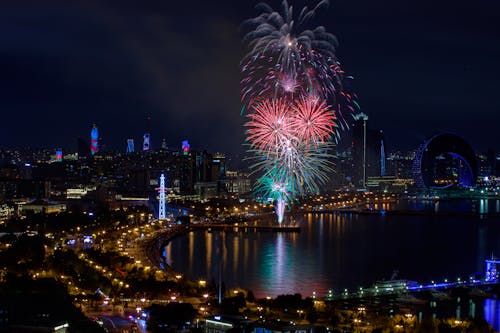 Fireworks on Coast in Baku at Night