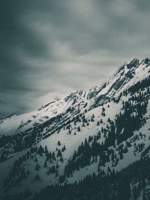 Montaña Cubierta De Nieve Bajo El Cielo Nublado Blanco