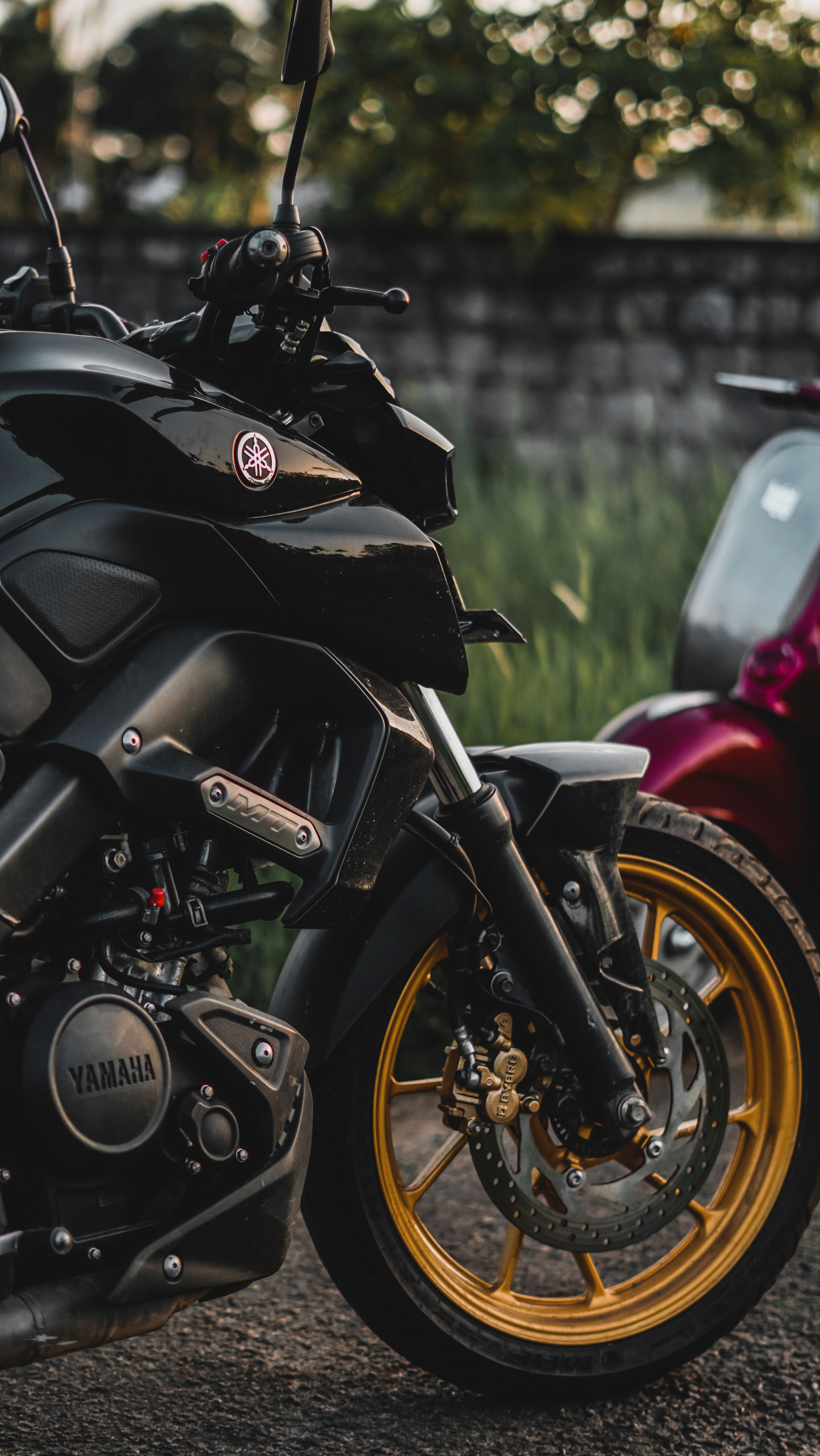 A detailed view of stylish parked motorcycles in an outdoor field setting, showcasing design and engineering.