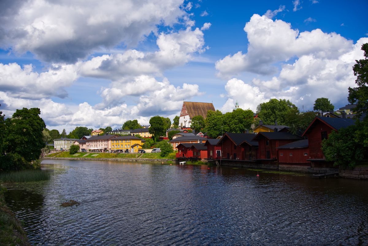 Red wooden shore houses in Porvoo