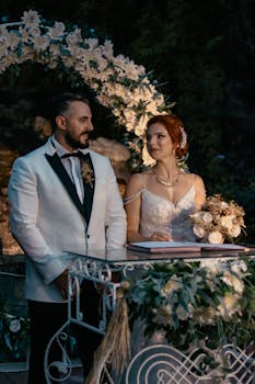 Charming outdoor wedding scene featuring a smiling bride and groom in elegant attire beneath floral arch.