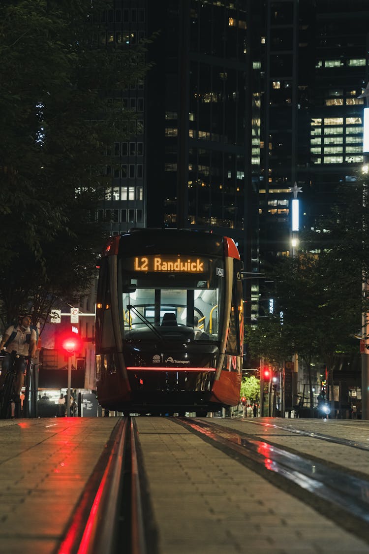 Light Rail Tram Driving At Night In Sydney, Australia