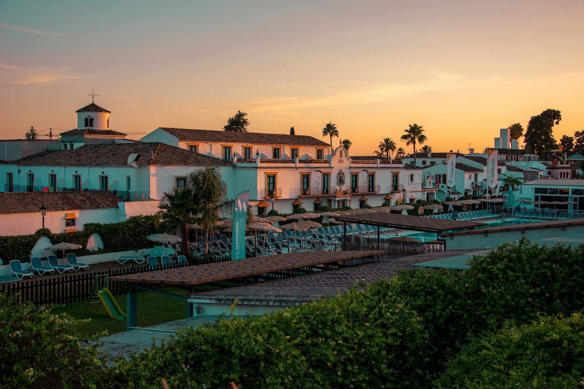 Picturesque view of Spanish architecture in San Pedro de Alcántara during sunset.