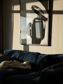 Minimalist living room featuring abstract art and velvet couch in natural light.