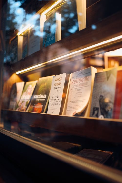 Free Books displayed on shelves through a window with warm lighting, creating a cozy scene. Stock Photo