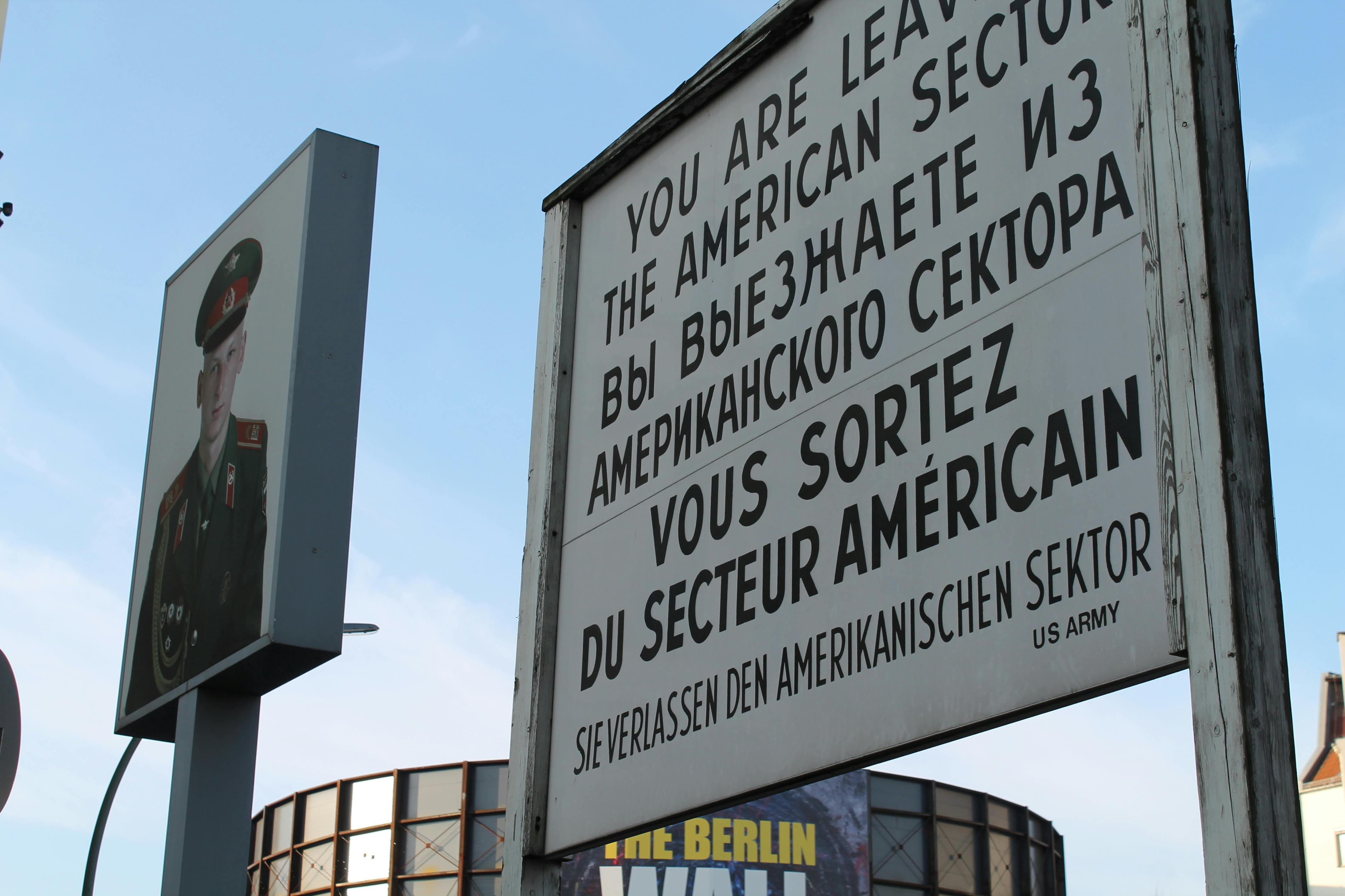 Historic Checkpoint Charlie Cold War border crossing booth at Berliner Mauer, Mitte district, Berlin, Germany