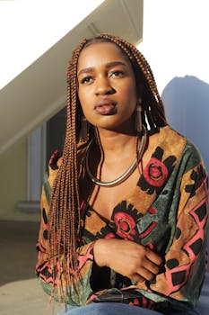 自然光线下，一位扎着辫子、身穿图案服装的时尚女性肖像