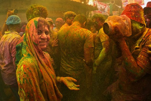 A joyful scene from the colorful Holi festival in Kolkata, India, capturing vibrant traditions and community spirit.