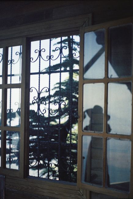 Shadow of a person in a hat on a detailed window in Aladağ, Türkiye.