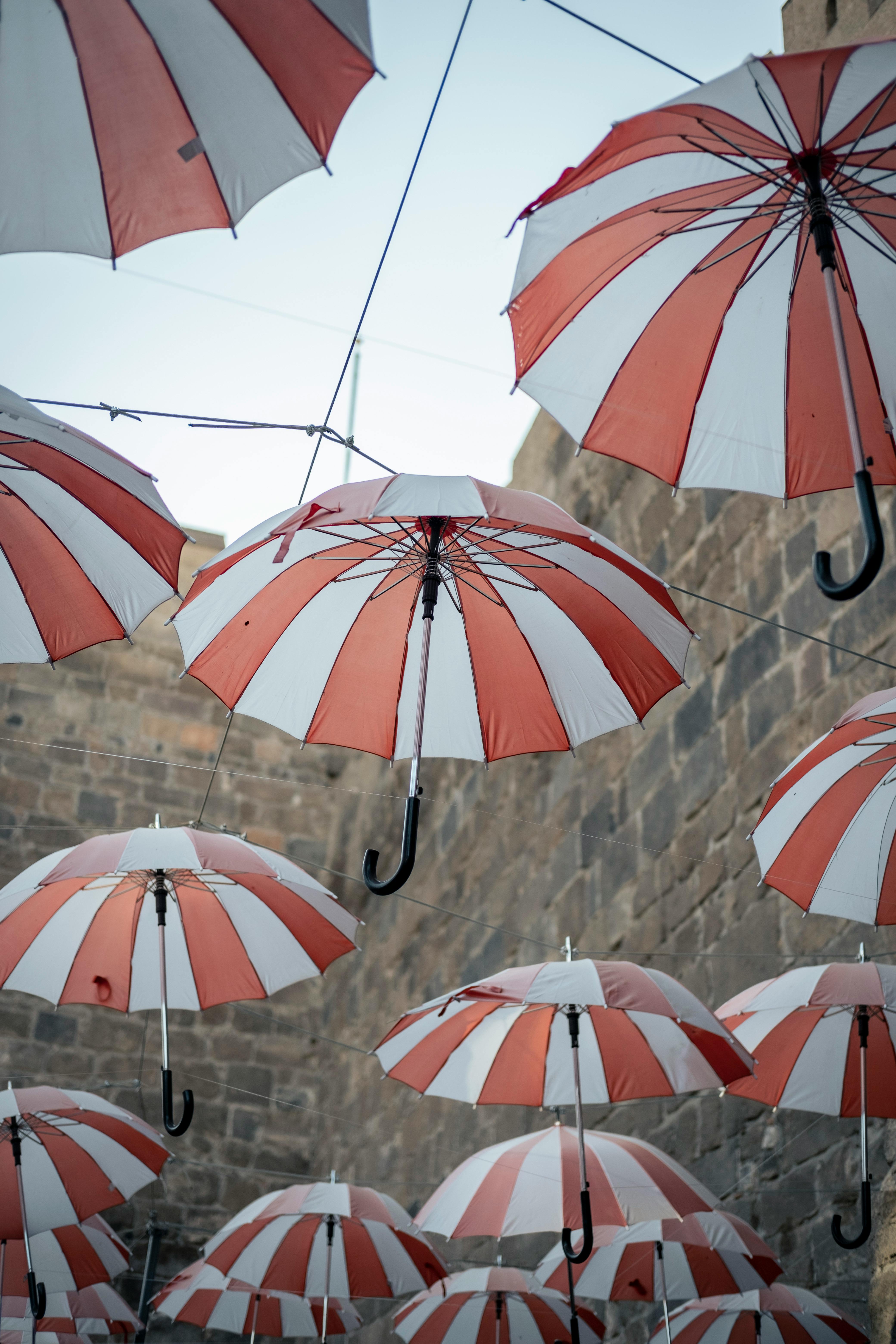 Artistic display of red and white umbrellas hanging in a narrow urban alleyway.