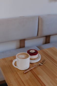 Cappuccino and raspberry cheesecake on a wooden table in a cozy cafe setting.