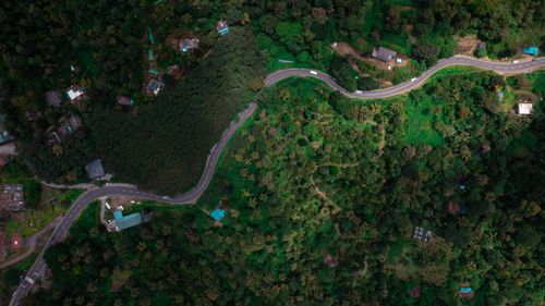 Free Stunning aerial view of a winding road through vibrant green countryside, capturing the essence of rural serenity. Stock Photo