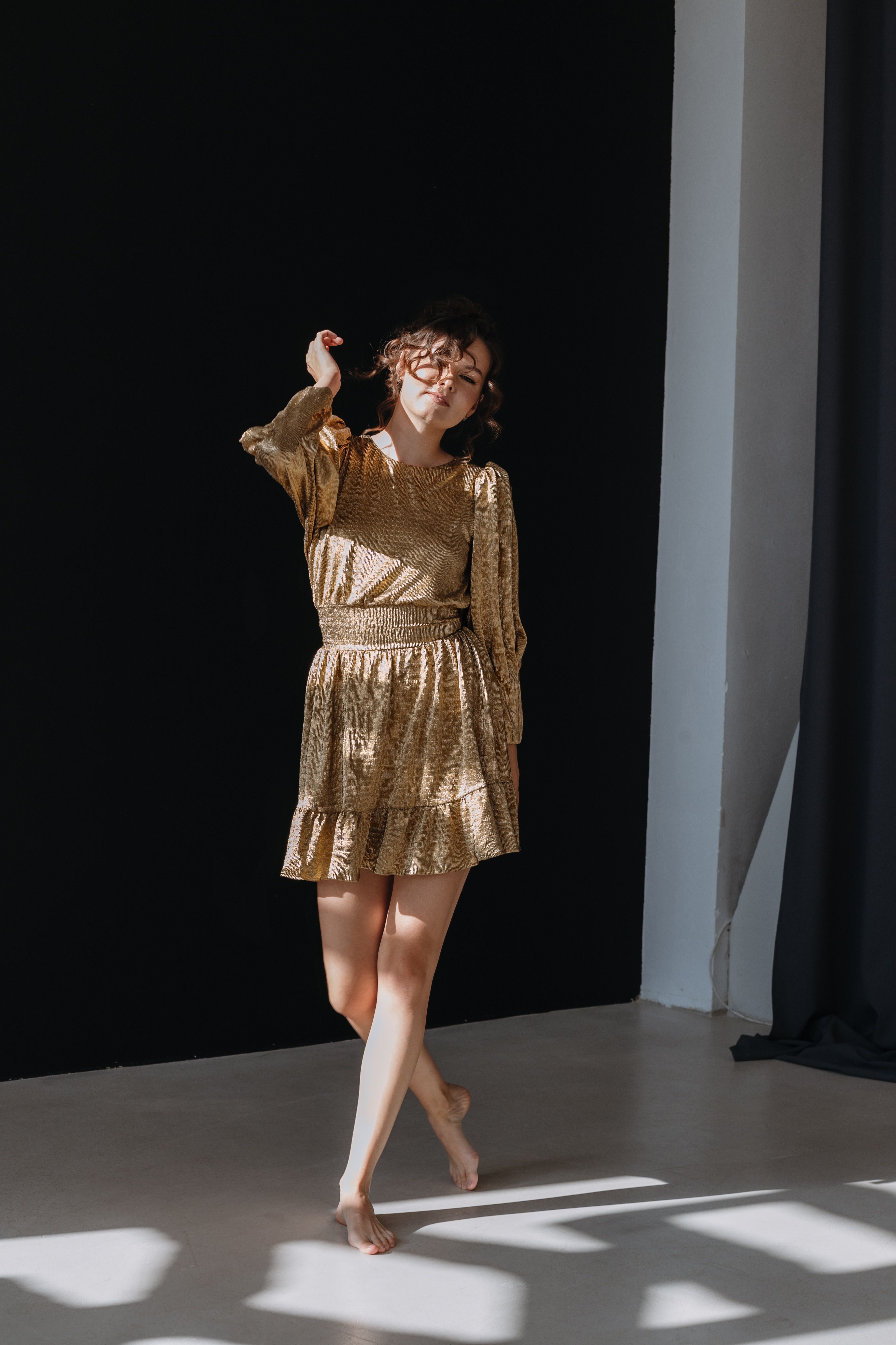 Barefoot Woman in Golden Dress Walking  Free Stock Photo