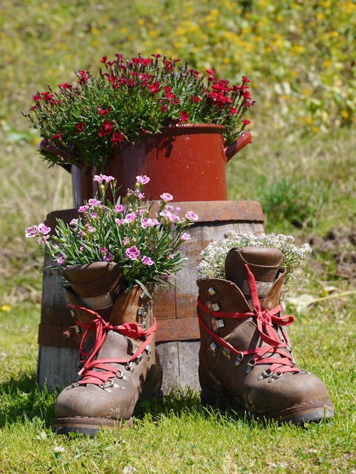 Flowers Potted in a Pair of Boots and a Rustic Pot