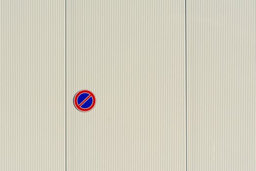 A minimalist photograph featuring a no parking sign on a ribbed urban wall.