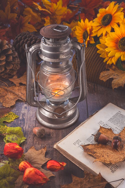 Book and an Old-fashioned Lantern surrounded by Autumn Leaves and Flowers