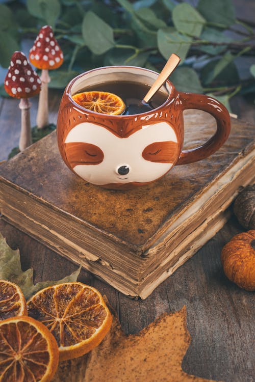 Sloth Mug of Tea with a Slice of Dried Orange on an Old Book