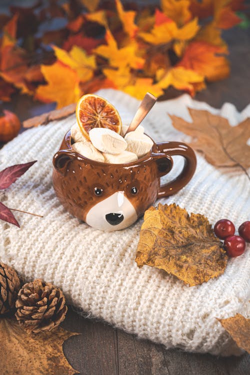Mug of Marshmallows on a White Sweater Lying amid Fallen Autumn Leaves