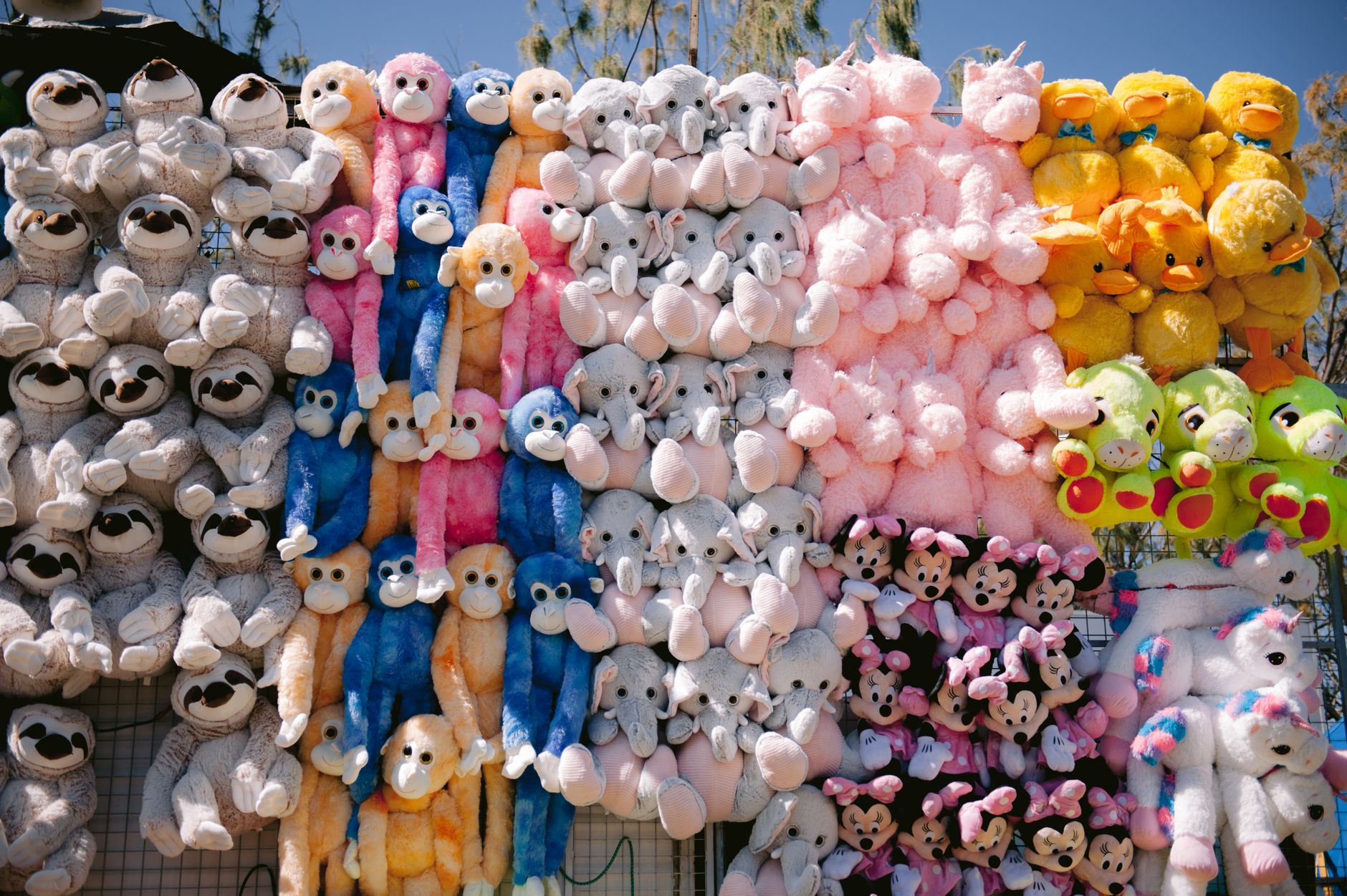 Colorful stuffed animal stall at an outdoor market in Broadbeach, Australia.