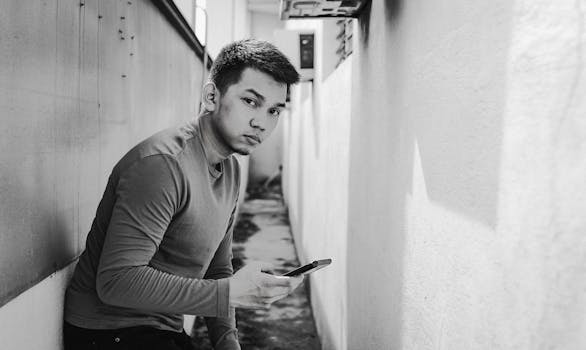 Portrait of a young man holding a smartphone in a narrow alley, captured in grayscale.