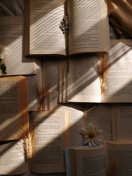An artistic flat lay of open books adorned with dried flowers and twigs, perfect for literature and nature enthusiasts.