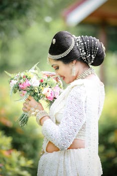 A beautiful Sri Lankan bride dressed in traditional attire, holding a floral bouquet outdoors.