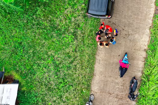 航拍照片捕捉了人们在一条绿树成荫的乡村道路附近聚集，享受户外休闲时光的场景