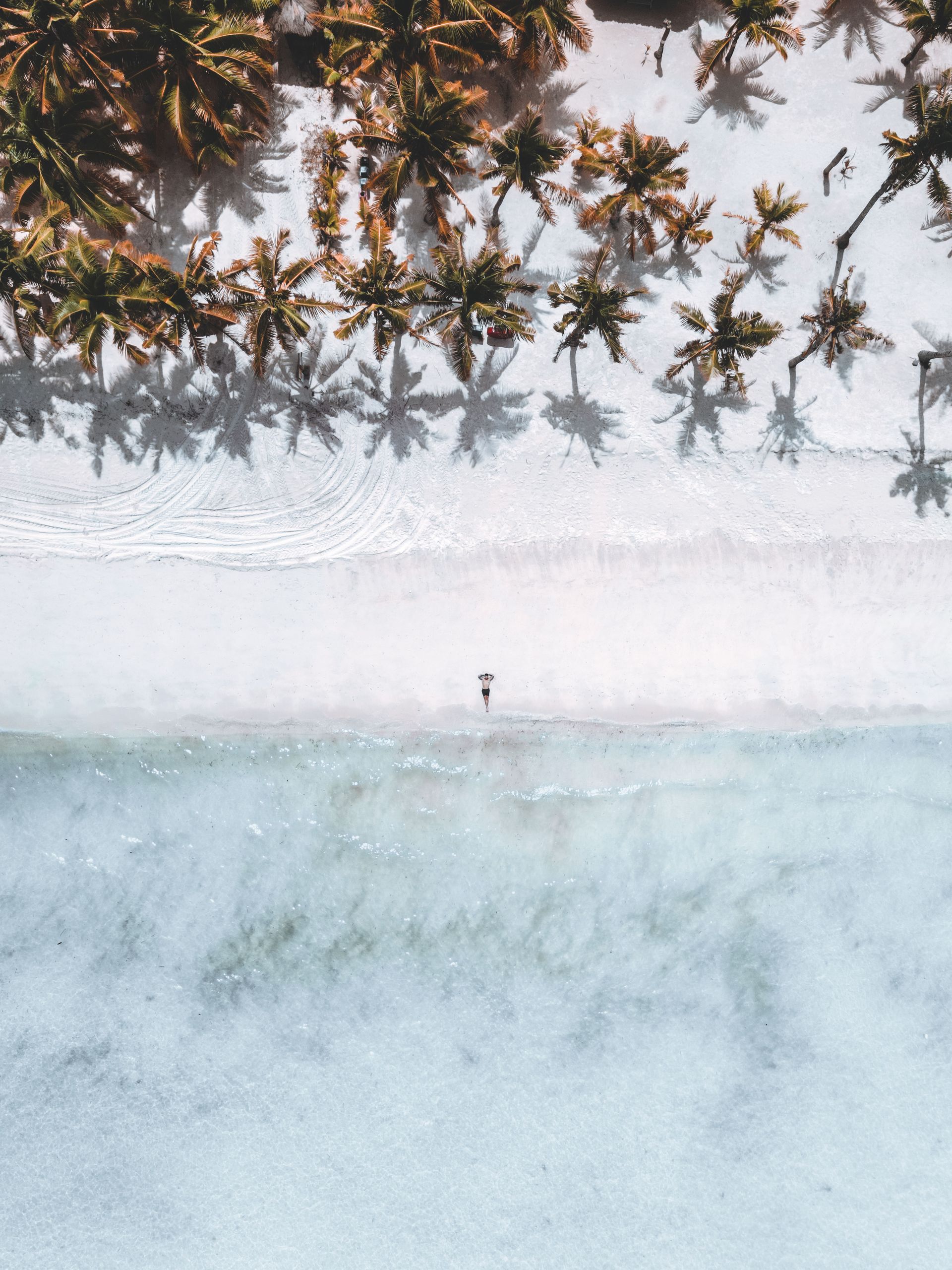 Aerial drone view of a tropical white sand beach with palm trees, similar to Diani Beach, Kenya