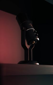 Black microphone on stand against a dark background with moody lighting and optical details.