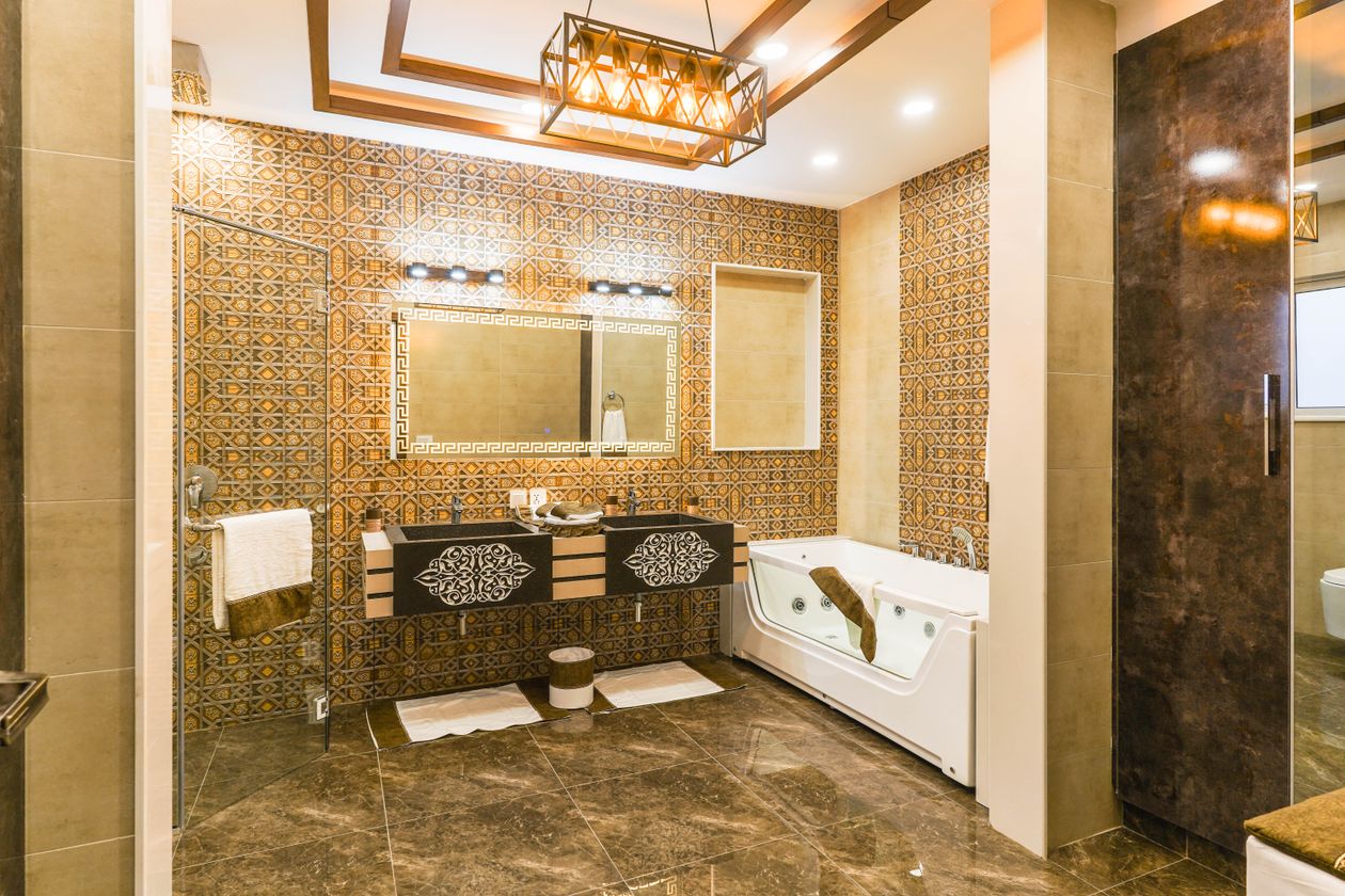 Bathroom tile and grout lines around a shower and tub