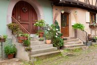 Picturesque doors and steps adorned with vibrant plants in Eguisheim, France.