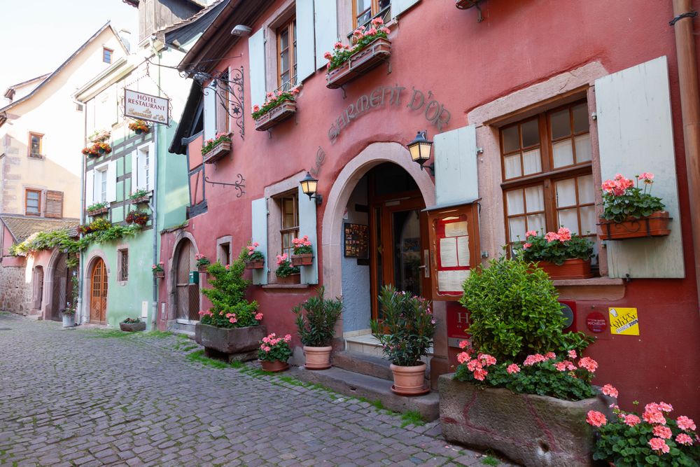 Strada principală pavată din Riquewihr, cu case colorate și flori