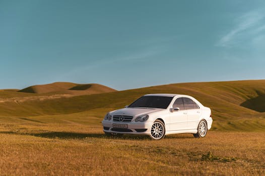 A sleek white Mercedes parked amidst the rolling hills of Tashkent Region.