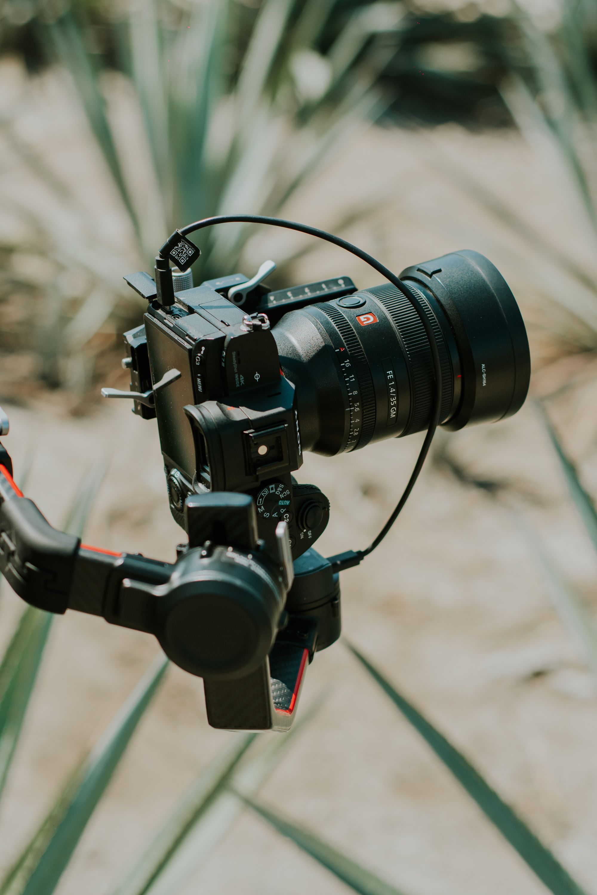 Close-up of a professional camera mounted on a gimbal, perfect for outdoor photography and videography.