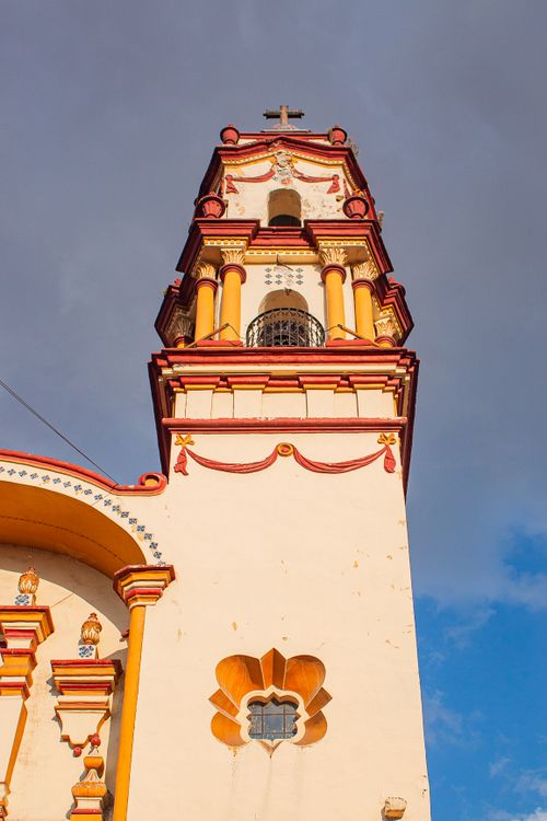 Free Low angle view of a historic church tower in Toluca, showcasing unique architecture. Stock Photo