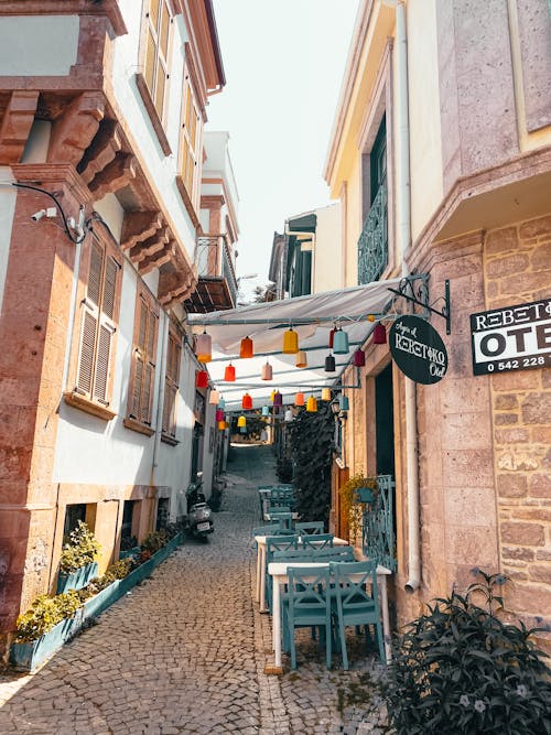 Cafe on Narrow Paved Old Town Street