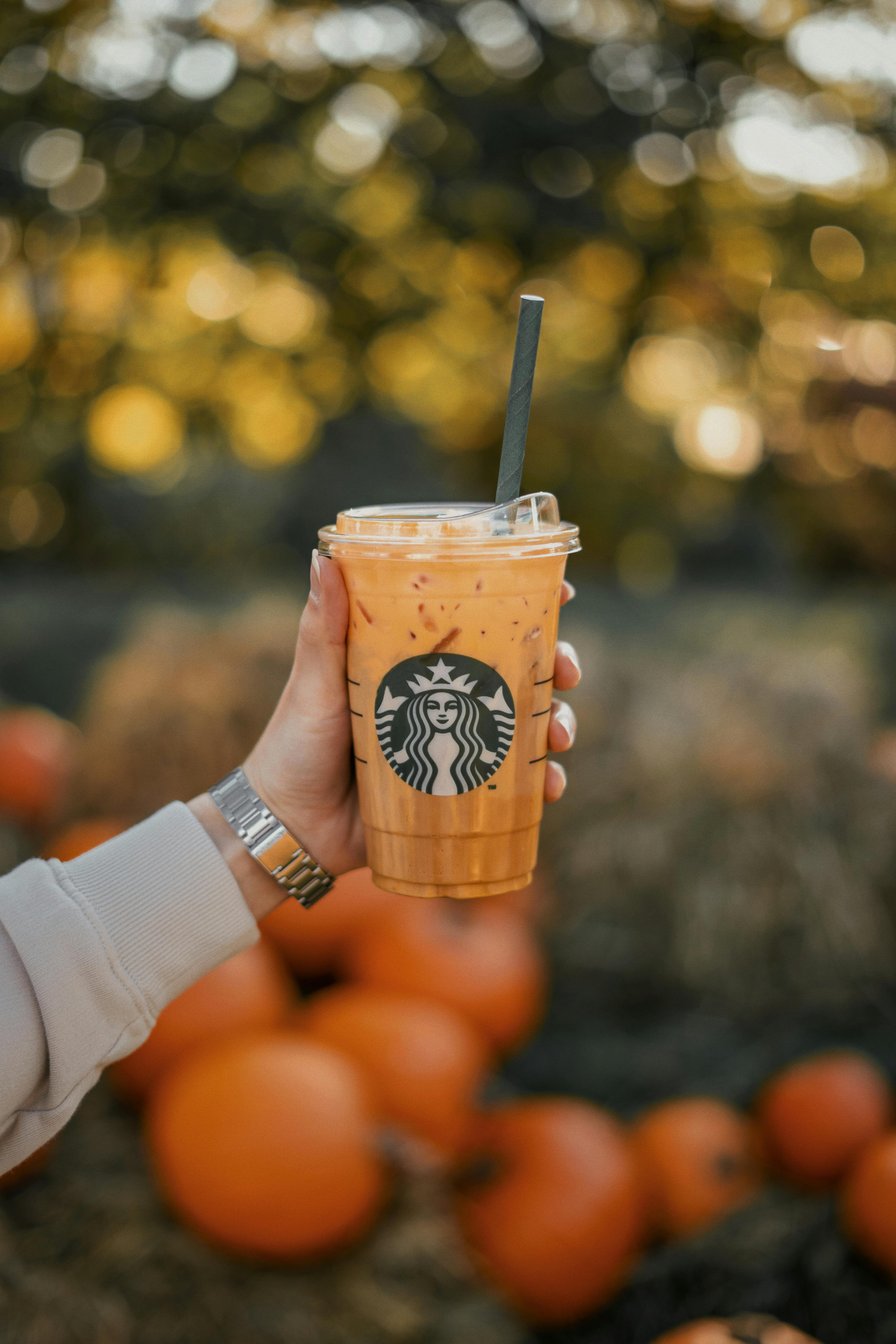 A hand holds an iced coffee tumbler in a pumpkin patch, symbolizing autumn vibes and seasonal flavors.