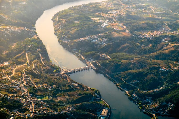 Aerial Panorama Of Crestuma Dam On A Douro River In Portugal