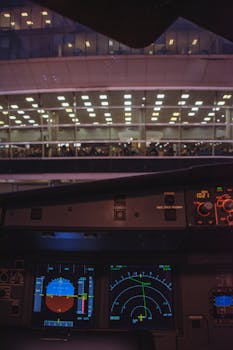 A nighttime view of an airplane cockpit with a control panel illuminated, showcasing aviation technology.
