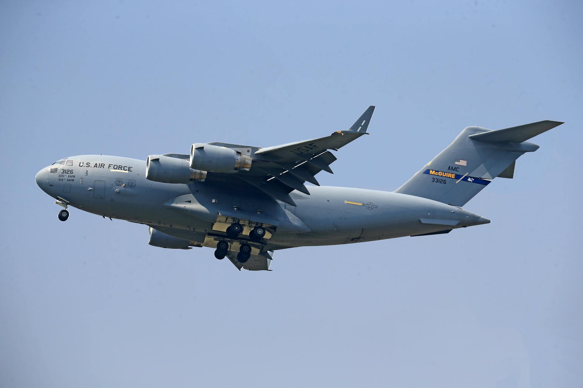 Boeing C-17 Globemaster III Plane Flying in Clear Blue Sky
