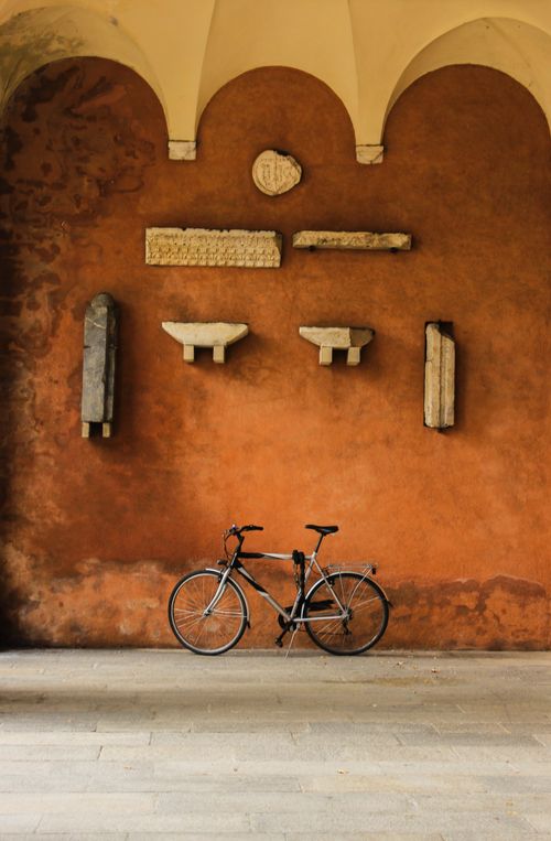 Free A classic bicycle stands against a textured antique wall with historical artifacts. Stock Photo