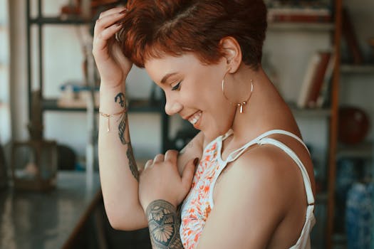 Smiling woman with tattoos embraces herself indoors, exuding happiness and style.