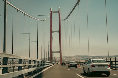 Cars on Canakkale Bridge over Dardanelles in Turkey
