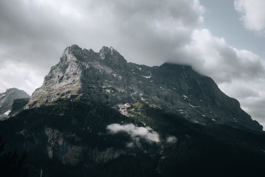 Captivating view of Eiger Mountain under dramatic clouds in Swiss Alps.