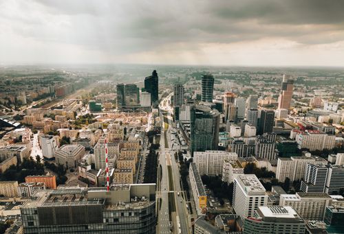 Free Stunning aerial photograph of Warsaw's modern skyline featuring skyscrapers and urban landscape. Stock Photo