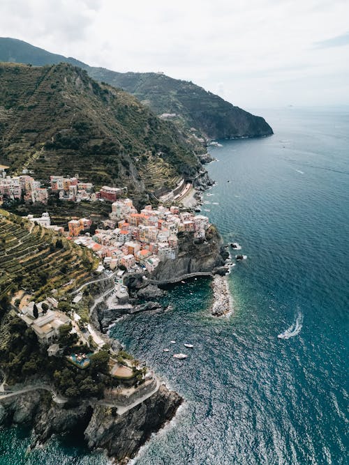 Town on Sea Coast with Hills and Rocks