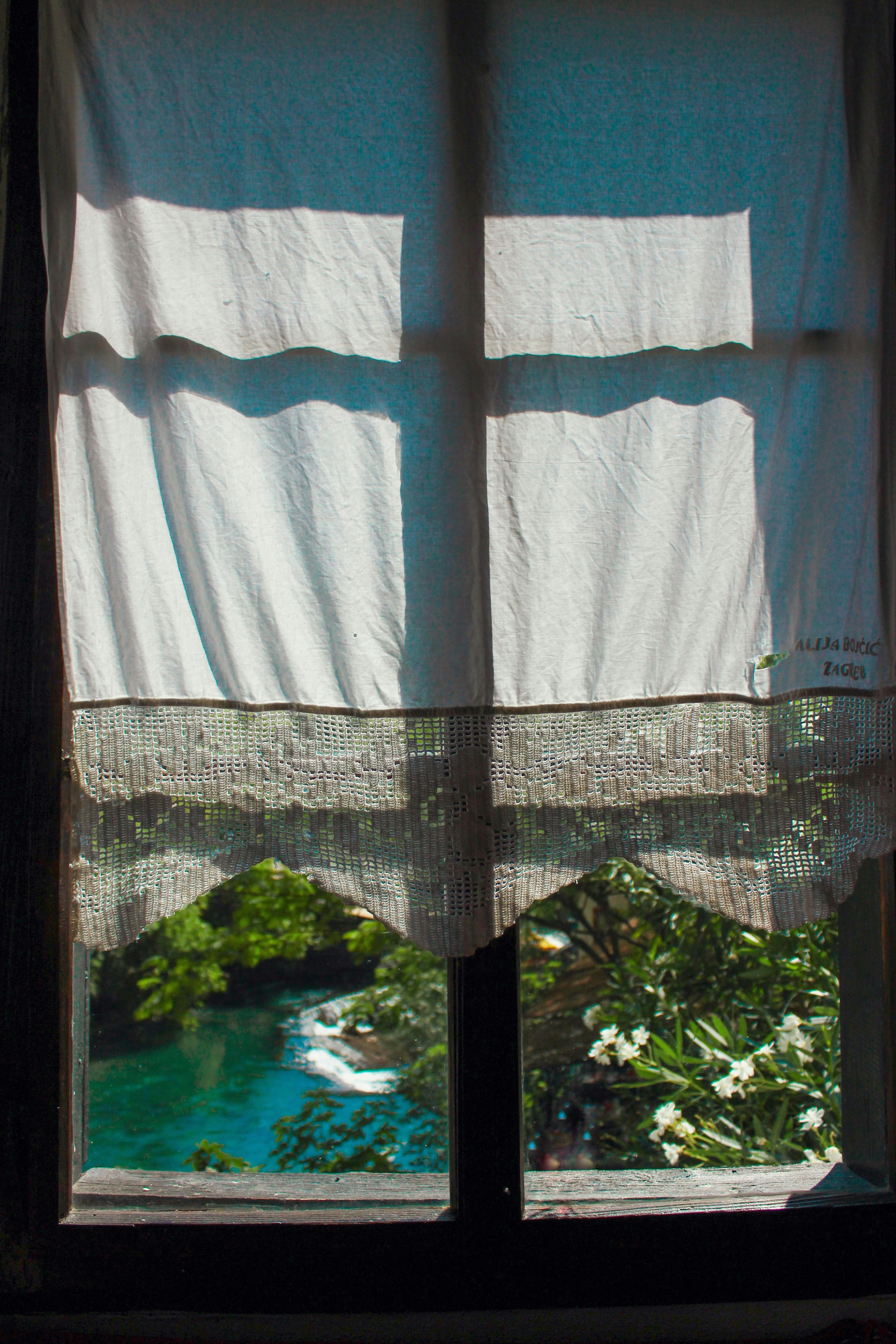 Charming rustic window with a curtain, revealing a lush garden pond scene. Perfect for tranquil designs.